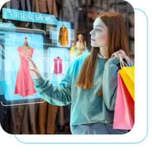 mulher navega pelo catálogo virtual de uma loja, enquanto segura uma sacola de compras, representando a fusão de canais, uma das tendências de consumo para 2026