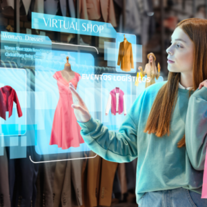 mulher navega pelo catálogo virtual de uma loja, enquanto segura uma sacola de compras, representando a fusão de canais, uma das tendências de consumo para 2026