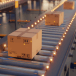 Caixas de pedidos em uma esteira dentro do armazém logístico