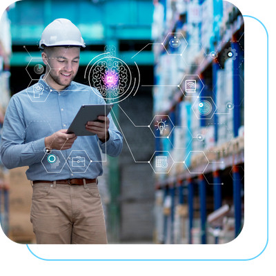 Gestor de armazém usando tablet com gráfico de inteligência artificial, uma das tendências da logística para 2026