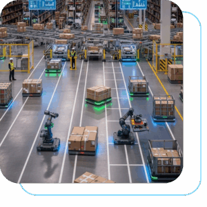 Robôs em um armazém logístico, marcando a automação que será uma das tendências da logística em 2026