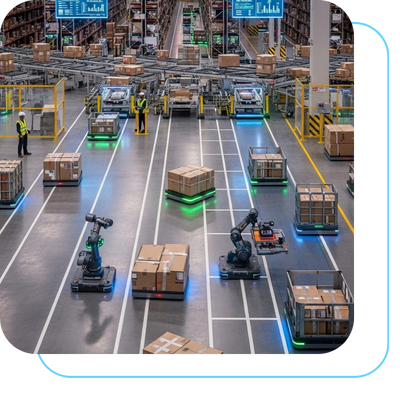 Robôs em um armazém logístico, marcando a automação que será uma das tendências da logística em 2026