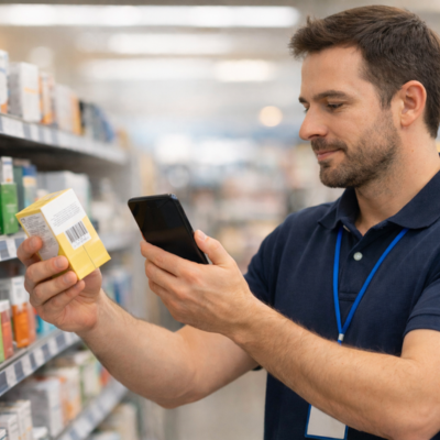 Funcionário bipando produto com o celular, usando o sistema FMS