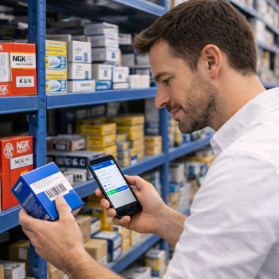 Funcionário utilizando o Fulfillment Management System (FMS) no celular durante a separação de pedidos em estoque