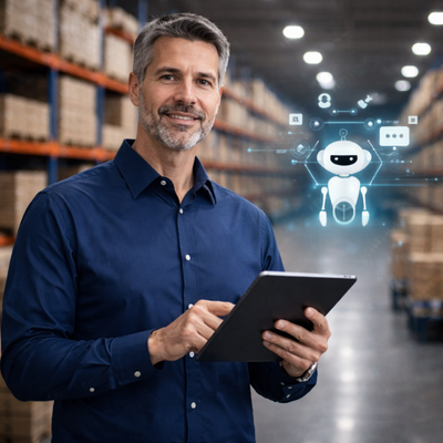 Homem usando tablet com agentes de IA na logística