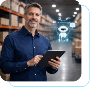 Homem usando tablet com agentes de IA na logística