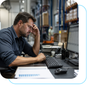 Gestor em armazém logístico diante de um computador com o WMS atual na tela