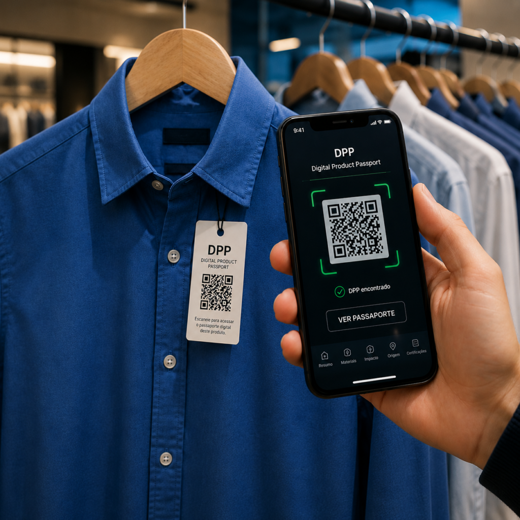 Celular com QR Code lendo uma etiqueta com o Passaporte Digital de Produto (DPP)