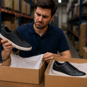 Funcionário de armazém abrindo caixa com sapatos e detectando fraude em devoluções