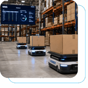 armazém logístico com tela mostrando sistema WMS e robôs AMR no modelo RaaS