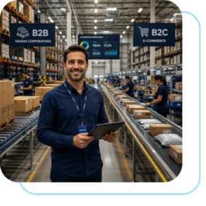 Gestor logístico em um armazém que atende pedidos B2B e B2C